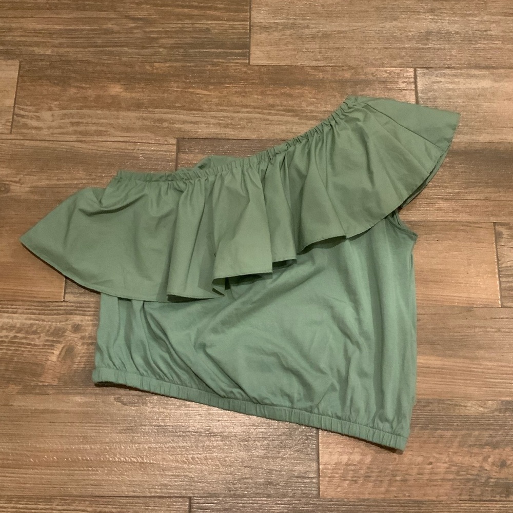 A New Day Women Small Green Off-Shoulder Crop Top-Baggy Flutter Top
